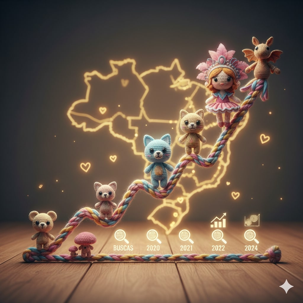 Coleção de amigurumis coloridos e fofos em uma prateleira.